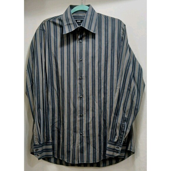 Hugo Boss Mens Dress Shirt 16 34/35 Sharp Fit Blue Brown Stripe Button Front L/S - Picture 1 of 7